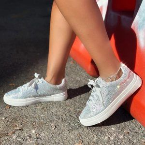 Bling Rhinestone Embellished Flat Platform Sneaker Lace-Up Low-Top Slip-On